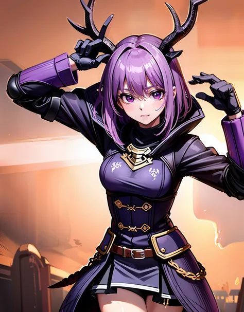 Knight Jackalope, short purple hair, jackalope antlers, dark armor(masterpiece, best quality)