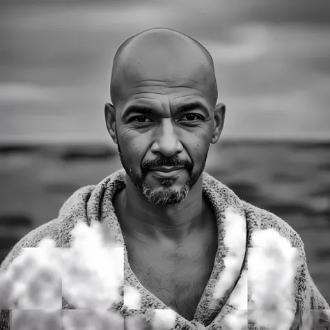 black and white photo of 42 years old man in black, bald, face, half body, body, high detail skin, skin pores, coastline, cloudy...