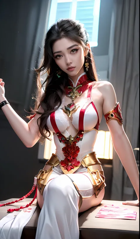 photorealistic, a woman in a white (lace, cyborg suit:1.55) (sitting on top of a table:1.4) (turned towards the viewer:1.2), (crossed legs:1.4), white hair, cyborg, robotic parts, beautiful detailed body and face, (looking left side:1.3), sakimichan hdri, ...