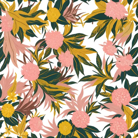 a yellow and pink pattern with flowers on white background