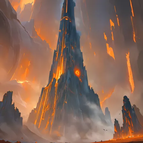 (extremely detailed CG unity 8k wallpaper, masterpiece, best quality, ultra-detailed), ominous, tall tower, alien, lush cliffside, obelisk,(orange magic:1.2), glowing, evil lair, nightmare, dark lighting
