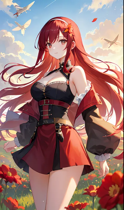 ((masterpiece, best quality)), (1girl),((mature female)), red hair, hairband, bangs, long hair , black hairband, shoulder cutout...