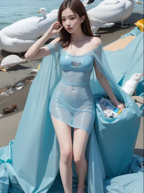 (8k), (best quality), (masterpiece:1.2), (realistic), (photorealistic:1.2), Fascinating woman, ultra-detailed, woman group, naked on the (light blue garbage bag:1.3), lingerie, skimpy, collarbone, sexy, (seagull:1.3), (sea;1.2),ship