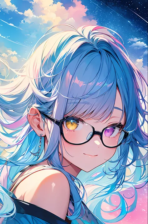 (Masterpiece, Top Quality, Best Quality, Watercolor (Medium), Official Art, Beautiful and Aesthetic: 1.2), (1 Girl: 1.3), (Fractal Art: 1.3), Upper Body, From the Side, Watching the Viewer, Pattern, (Iridescent Hair, Colorful Hair, Half Blue and Half Pink ...