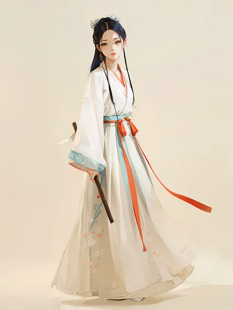 arafed woman in a white and blue dress holding a stick, white hanfu, hanfu, palace , a girl in hanfu, wearing ancient chinese clothes, with acient chinese clothes, traditional chinese clothing, chinese costume, pale and coloured kimono, traditional dress, ...