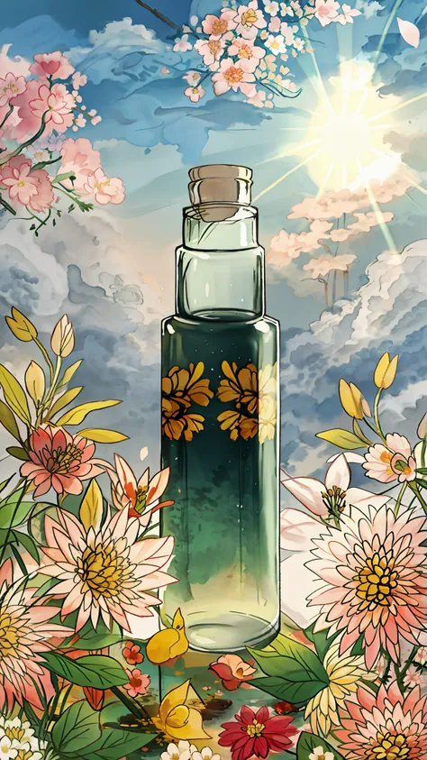 a bottle surrounded by flowers, flowers, colors, vitality, beauty, contrast, nature, life force, sunlight. beautiful atmosphere,...