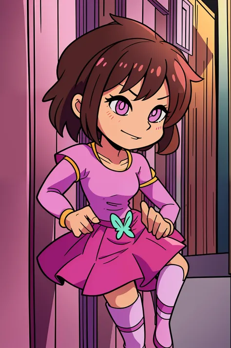 Cartoon girl with short brown hair and a pink dress holding a purple butterfly, like an anime character, Hime cut, Pin in anime, anime look of a cute girl, an anime girl, in an anime style, anime moe artstyle, in the art style of 8 0 s anime, female anime ...