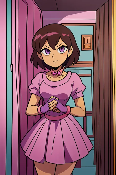 cartoon girl with short brown hair and a pink dress holding a purple butterfly, like an anime character, hime cut, pin in anime,...