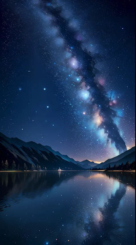 silence, (scenery, starry sky in water mirror:1.2), masterpiece, best quality, hdr, rocks, mountain range, darkness, nebula, par...