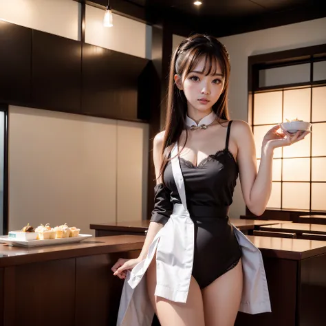 best quality, masterpiece, photo realistic, 8k, 4k, extreme res, ultra high res, dynamic lighting, real lighting, ulzzang-6500-v1.1:1.2, waitress looking backwards, holding dimsum, revealing cheongsam, panties, korean restaurant background