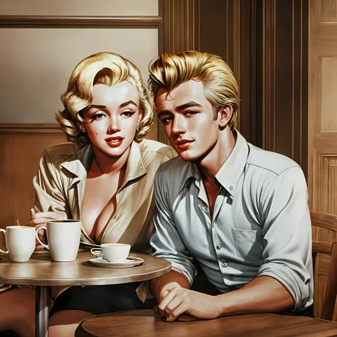 Marilyn Monroe and James Dean sitting at a table sipping coffee in a coffee shop, friendly and relaxed atmosphere, detailed and enhanced 4K image in Photoshop,