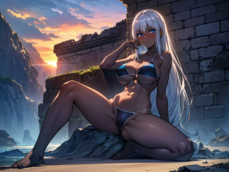 (Masterpiece, best quality, photorealistic, hyper realistic), (1 Girl, Silver hair), ((extremely detailed face)) huge breast, (Black triangle bikini, Low Rise Bikini), (toned:1.1), (blue eyes) Armature, looking at viewer, (blush:1.2), perfect lighting, Dar...
