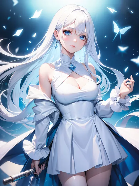beautiful, young woman, in the crystal and ice area, fluttering snow, horse riding, a white hourse, gradient hair, white hair, blue hair, long hair, eye reflection, disdain, ray tracing, reflection light, blurry, glowing light, depth of field, chiaroscuro,...