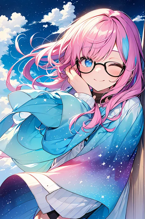 (Masterpiece, Best Quality, Best Quality, Watercolor (Medium), Official Art, Beautiful and Aesthetic: 1.2), (1 Girl: 1.3), (Fractal Art: 1.3), Upper Body, Sideways, Look at the Viewer, Pattern, (Iridescent Hair, Colorful Hair, Half Blue and Half Pink Hair:...