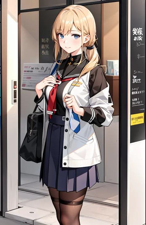 anime girl in school uniform standing in front of a store, an anime drawing by Shitao, trending on pixiv, realism, a hyperrealistic schoolgirl, kantai collection style, beautiful anime high school girl, hyperrealistic schoolgirl, girls frontline style, bes...
