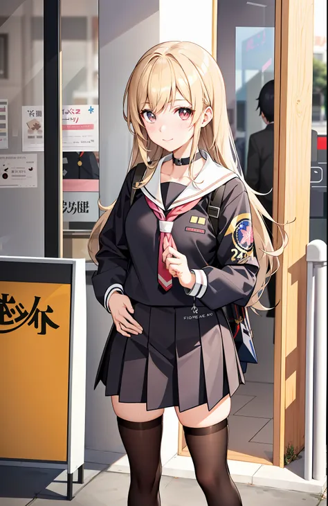 anime girl in school uniform standing in front of a store, an anime drawing by Shitao, trending on pixiv, realism, a hyperrealistic schoolgirl, kantai collection style, beautiful anime high school girl, hyperrealistic schoolgirl, girls frontline style, bes...