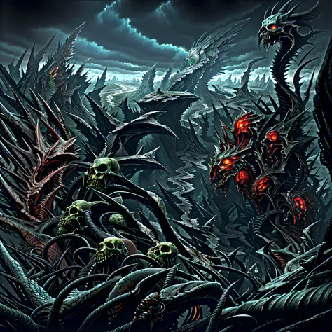 a death metal artwork, dynamic angle, view from the top of the peak,full of different biomechanical rock sculptures of horror, a...