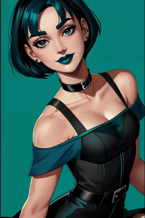 gwen(total drama), masterpiece, best quality, 1girl, solo, blue lips, looking at viewer, breasts, short hair, makeup, black eyes...