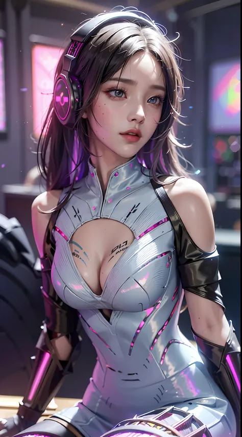 ((((7分身镜头)))),cowboy_shot,masterpiece, best quality,ultra-detailed, extremely detailed 16k CG wallpaper,beautiful face,(a esport mature demon in esport room),(perfect beautiful curvy figure),sitting,iridescent gem eyes,crescentic pupils, wearing resin holo...