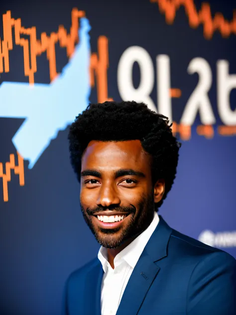 dark-skinned black man with black power hair, hair standing up, hands on head in fright, white teeth, dressed in blue suit, insi...