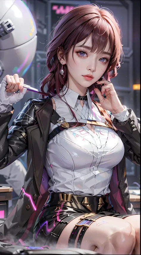 ((((7分身镜头)))),cowboy_shot,masterpiece, best quality,ultra-detailed, extremely detailed 16k CG wallpaper,beautiful face,(a esport mature demon in esport room),(perfect beautiful curvy figure),sitting,iridescent gem eyes,crescentic pupils, wearing resin holo...