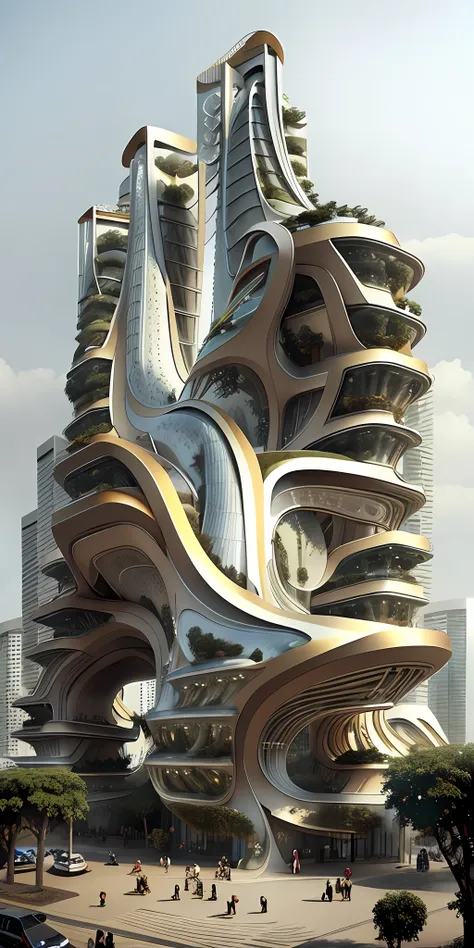 a tall building in a futuristic city designed by zaha hadid, a futuristic building, a modern building, sidewalks around the buil...