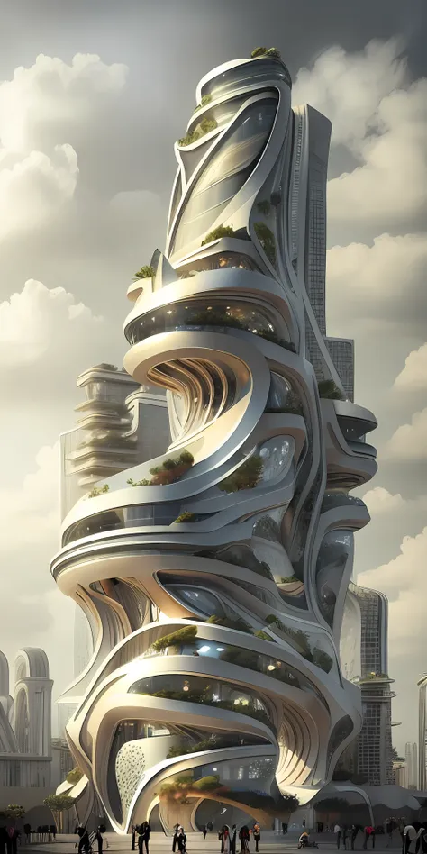 a tall building in a futuristic city designed by zaha hadid, a futuristic building, a modern building, sidewalks around the buil...