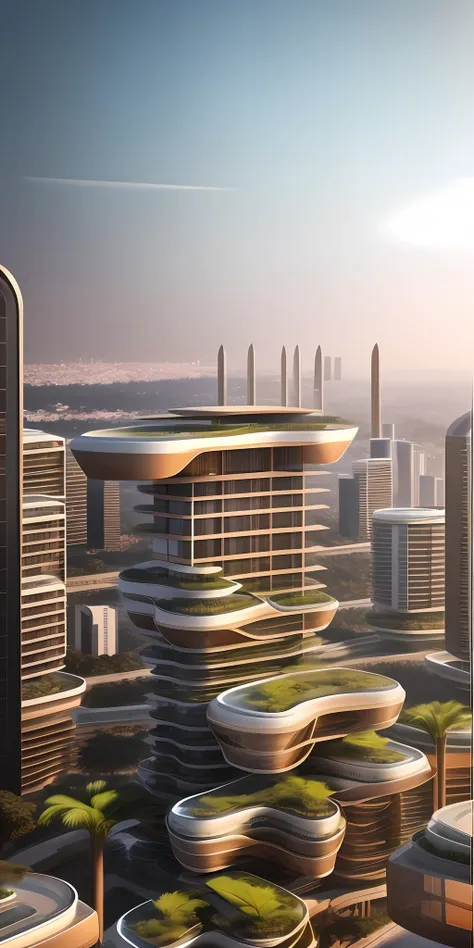 A tall building in a futuristic city designed by Zaha Hadid, a futuristic building, a modern building, sidewalks around the building, imagination, a fusion between the future and the past, hanging gardens, the hanging gardens of Babylon, sustainability, fu...