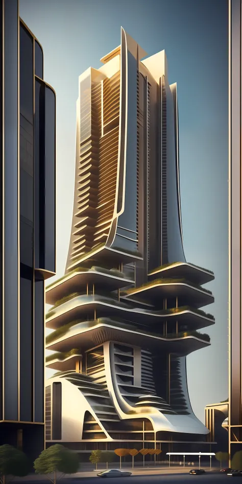 A tall building in a futuristic city designed by Zaha Hadid, a futuristic building, a modern building, sidewalks around the building, imagination, a fusion between the future and the past, hanging gardens, the hanging gardens of Babylon, sustainability, fu...