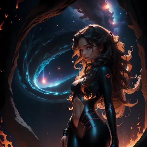 a dark girl with long curly hair emerges her burning figure in an environment of infinite cosmos