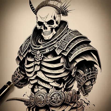 Pen drawing of a skeleton samurai
