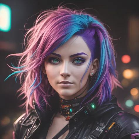 a woman with colorful hair style cyberpunk, sharp facial features, cinematic, 35mm lens, f/1.8, highlight lighting, global light...