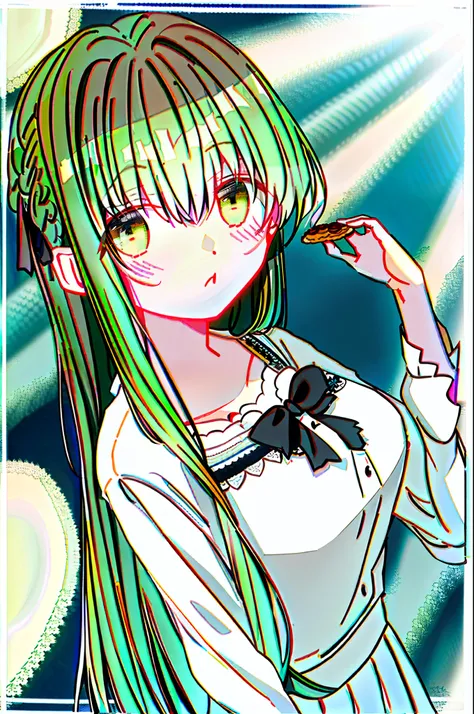 cecilia, 1girl, alternative hairstyle, bangs, black ribbon, border, braid, collarbone, dutch angle, food, green eyes, green hair...