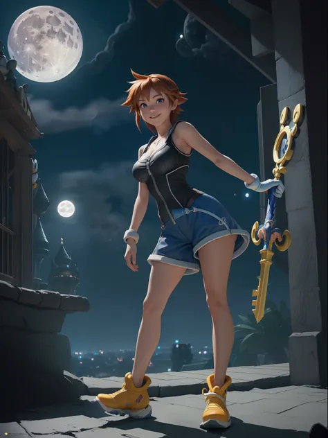 (full body photo:1.7), (one/woman/as sora protagonist of kingdom hearts, donald duck and goofy next to her:1.5), (big breasts:1....