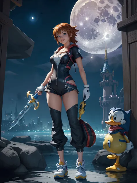 (full body photo:1.7), (kingdom hearts 3, one/woman/as sora protagonist of kingdom hearts alongside /donald duck and /goofy char...