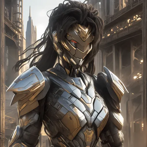 beautiful tall woman with robotic armor with super realistic and well detailed black hair