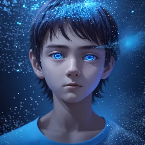 8k rendering, masterpiece, ultra realistic, ultra detailed, boy with a sad look exuding bright blue particles through the dark r...