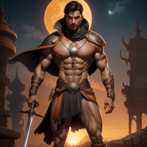 1man, tall muscular man, tanned skin, short cropped black hair, grey eyes, wearing belt, loincloth, and jeweled leather harness ...