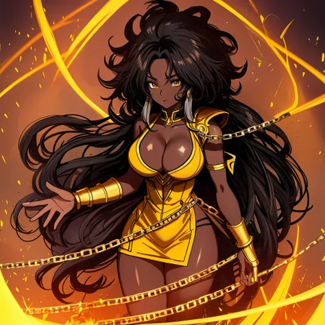 a afro Hero (masterpiece, best quality), 2000s anime art style, gauntlet dark legacy, 1girl, yellowsorceress, dark skin, white eyes, widows peak hairline, full afro hairstyle, full afro, white hair, big breasts, yellow sequined thin strapped dress that rev...