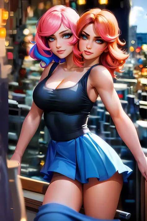 Disney style, 2heads, conjoined, no less than two heads, multiple breasts, three breasts, double cleavage, (masterpiece:1.2, best quality1:1, ultra-detailed:1.2, best shadow, 8k:1.1), (massive city:1.3, rooftop:1.1, city structures below, handrails), (co...
