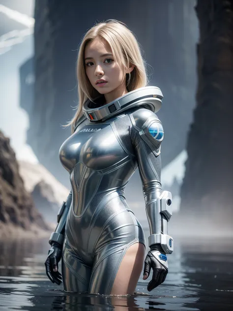 a beautiful girl, wearing a silver spacesuit, standing on an endless surface of water, floating mist, holding a large ion gun in...