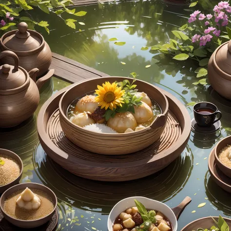 masterpiece, hd, a poster, the theme is the dragon boat festival, there are rice dumplings and tea, tableware, family, early sum...