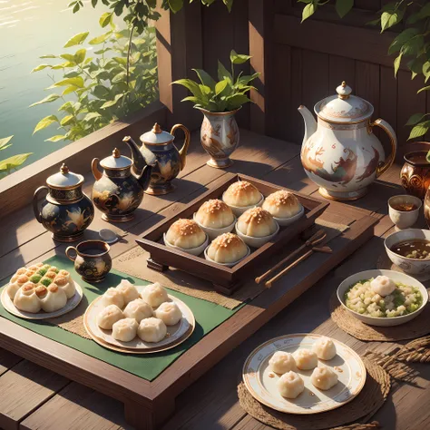 masterpiece, hd, a poster, the theme is the dragon boat festival, there are rice dumplings and tea, tableware, family, early sum...