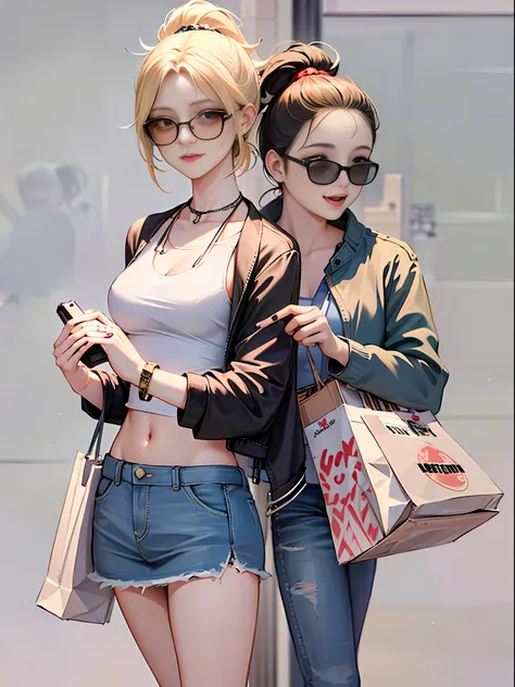 masterpiece, best quality, ultra-detailed, illustration, 2women, shopping, streetwear, casual outfits, black hair /(woman 1/), blonde hair /(woman 2/), long hair /(woman 2/), short hair /(woman 1/), woman 1 with ponytail, woman 2 with braids, woman 1 with ...