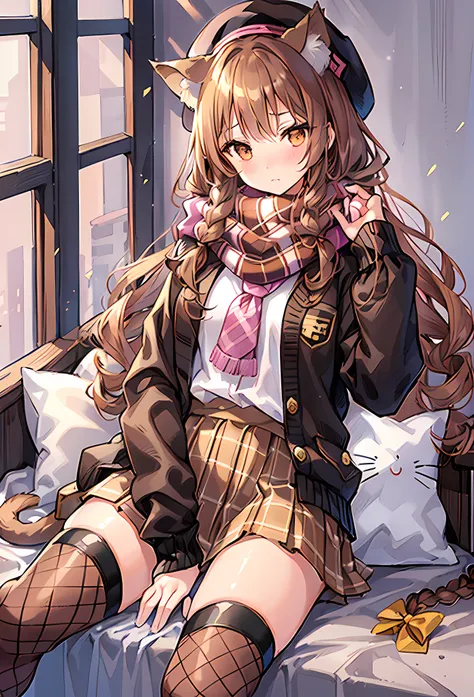 1girl, perfect face, golden brown long hair, bridge braided hair, curly hair, cat ears, perfect cat ears, golden amber brown eyes, blushing, blank expression, black beret, checkered white and pink scarf, brown knitted loose fleece jacket, white undershirt,...