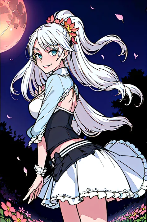masterpiece, best quality, 1girl, (colorful),(delicate eyes and face), volumatic light, ray tracing, bust shot ,extremely detailed CG unity 8k wallpaper,solo,smile,intricate skirt,((flying petal)),(Flowery meadow) sky, cloudy_sky, moonlight, moon, night, (...