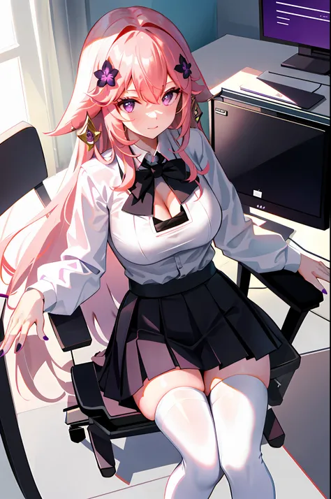 yae miko, 1girl, solo, ((white shirt)), black thighhighs, breasts, cleavage, uniform, office background, black skirt, pleated skirt, office, hair between eyes, hair flower, hair ornament, large breasts, long hair, looking at viewer, pink hair, pink nails, ...