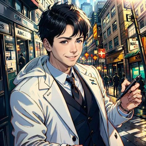 On the street, a handsome boy with a pen in his hand, smiling, white sports coat, short black hair, super high detail, high realism, 4K, chiaroscuro, super detail