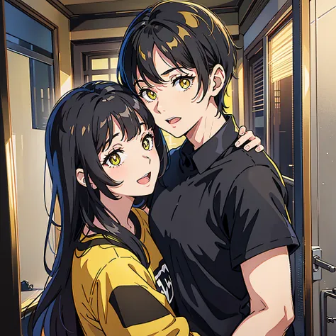 1 man, middle-aged, black hair, yellow pupils, black shirt, holding a woman, entering the room, excited expression