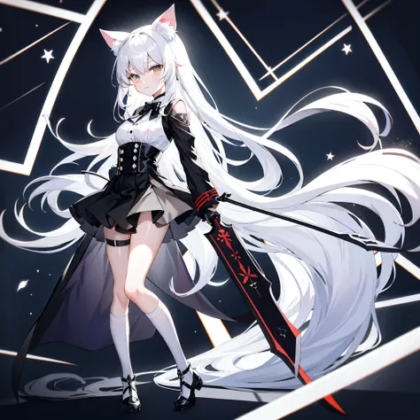 anime characters dressed in black and white clothes with swords in ark knights, girls frontline style, girls frontline, white ca...